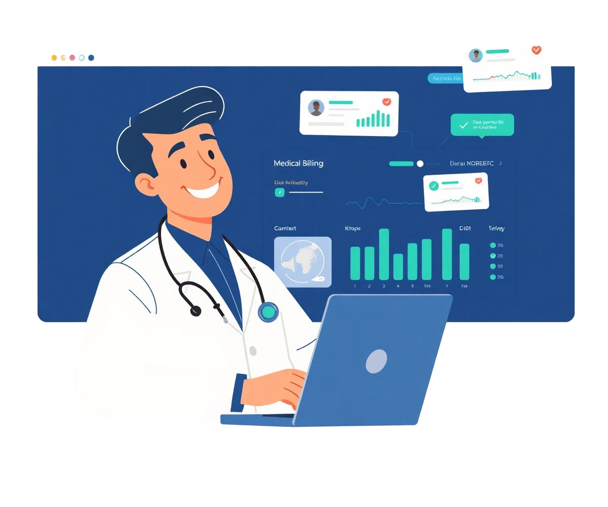 Certified medical biller reviewing a claims and revenue dashboard on a laptop